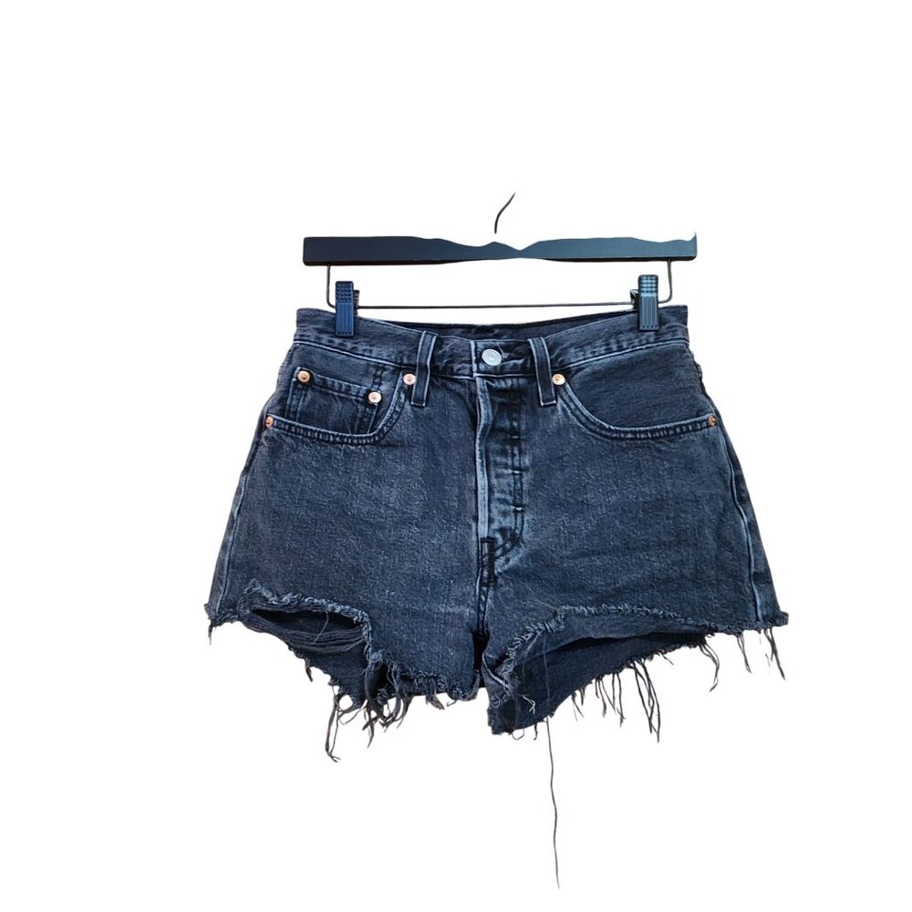 Levis Womens 501 High-Waisted Black Denim Frayed Hem Shorts W26 Vintage Look